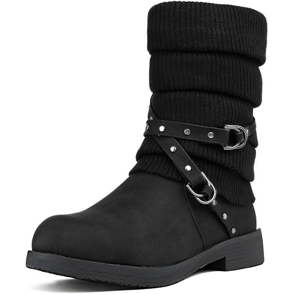 Women's Mid Calf Faux Fur Fashion Black Winter Snow Boots Synthetic Rubber Sole